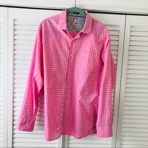 2/$50 BUGATCHI Pink Classic Fit Cotton Gingham Button Down Shirt Size Large - Picture 1 of 9